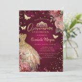 Gold Dress,Butterflies Red Flowers Quinceañera 招待状 (スタンド正面)