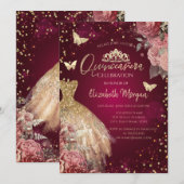Gold Dress,Butterflies Red Flowers Quinceañera 招待状 (正面/裏面)