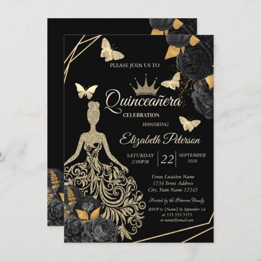 Gold Dress,Butterfly Black Roses Quinceañera 招待状 (正面/裏面)
