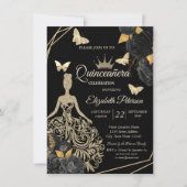 Gold Dress,Butterfly Black Roses Quinceañera 招待状 (正面)