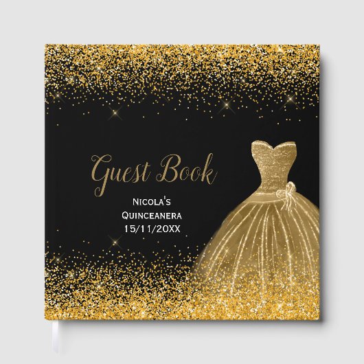 Gold Dress Faux Glitter Quinceanera ゲストブック (正面)