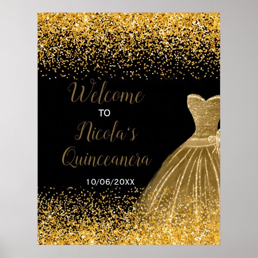 Gold Dress Faux Glitter Quinceanera Welcome ポスター (正面)