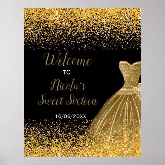 Gold Dress Faux Glitter Sweet 16 Welcome ポスター (正面)
