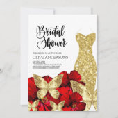 Gold Dress Red Rose Floral Bridal Shower  招待状 (正面)