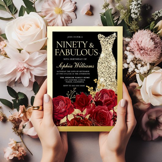 Gold Dress, Red Roses Ninety 90th Birthday Gold 箔招待状