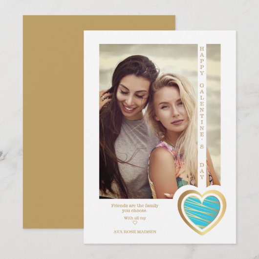 Gold Effect Blue Heart Friends Happy Galentines (正面/裏面)
