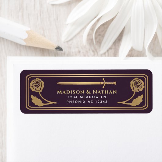 Gold Eggplant Medieval Fantasy Sword Wedding Label ラベル (インサイチュ)