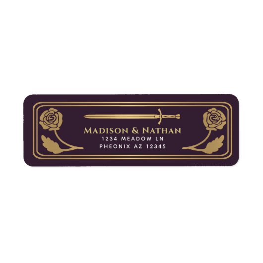 Gold Eggplant Medieval Fantasy Sword Wedding Label ラベル (正面)