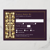 Gold Eggplant Medieval Sword Wedding RSVP 箔招待状 (正面)