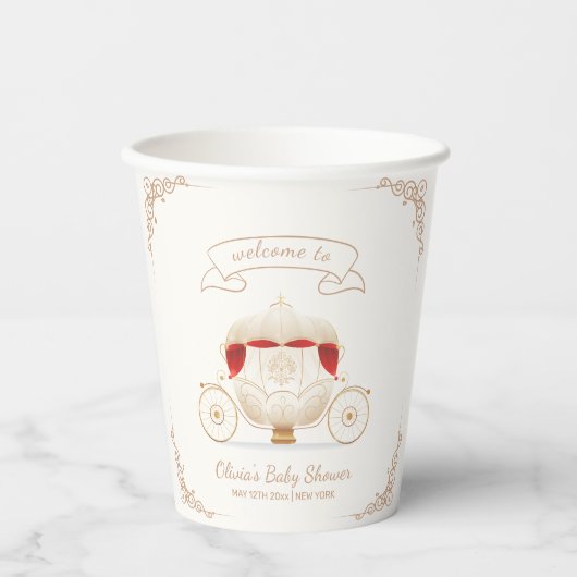 Gold Elegant Fairy Carriage Baby Shower Welcome  紙コップ (正面)