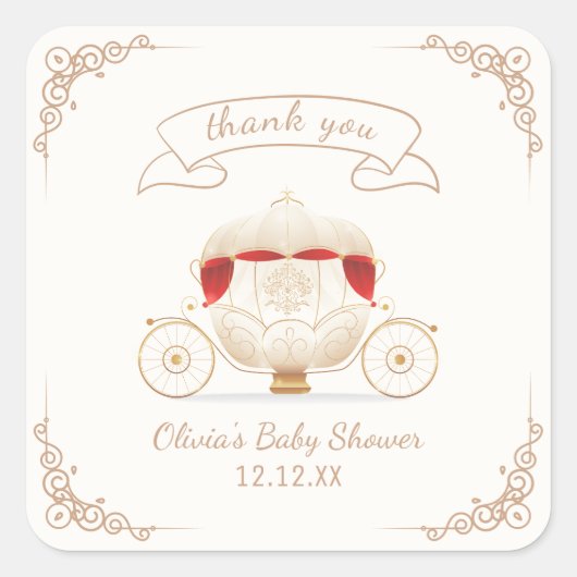 Gold Elegant Fairytale Carriage Baby Shower  スクエアシール (正面)