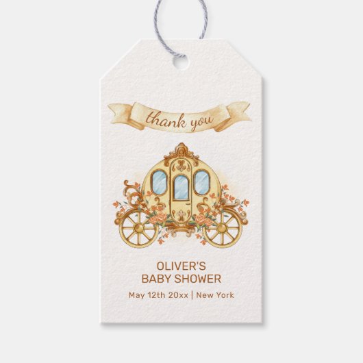 Gold Elegant Flower Prince Carriage Baby Shower  ギフトタグ (正面)