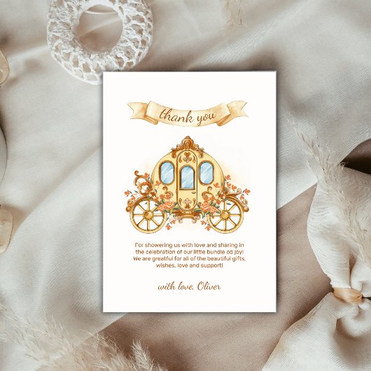 Gold Elegant Flower Prince Carriage Baby Shower  サンキューカード