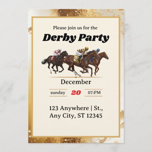 Gold Elegant Horse Racing Derby Party Invitation 招待状 (正面)