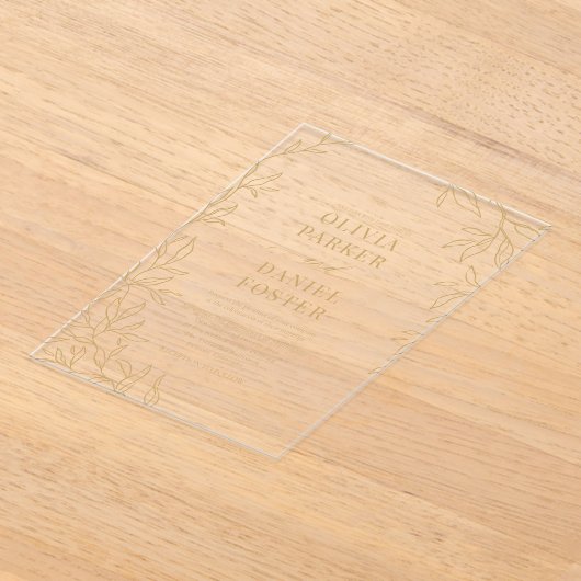 Gold Elegant Minimalist Botanical Wedding アクリル招待状 (レイダウン)