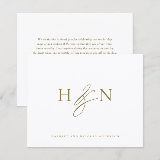 Gold Elegant Monogram Wedding Thank You Card (正面/裏面)