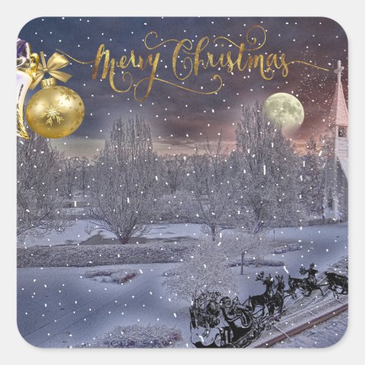 Gold Elegant Script Merry Christmas Ornament スクエアシール (正面)