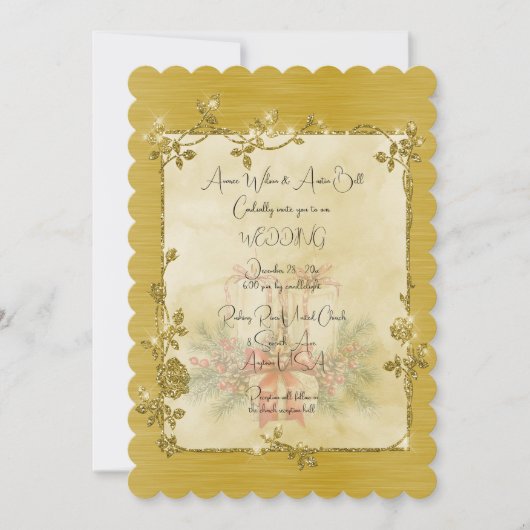Gold Elegant Sparkly Frame After Christmas Wedding 招待状 (正面)