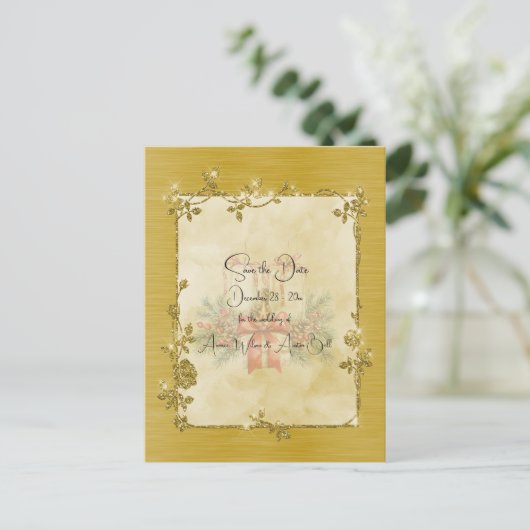 Gold Elegant Sparkly Frame Save the Date ポストカード (スタンド正面)