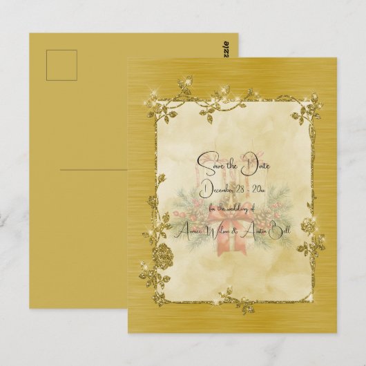 Gold Elegant Sparkly Frame Save the Date ポストカード (正面/裏面)
