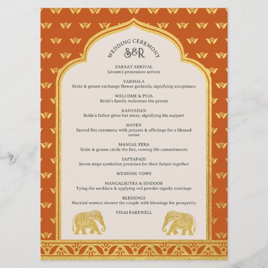 Gold Elephant Indian & Hindu Wedding Program Card プログラム (正面)