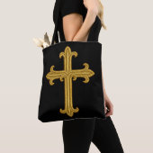 Gold Embroidered Look Cross Front and Back トートバッグ (クローズアップ)