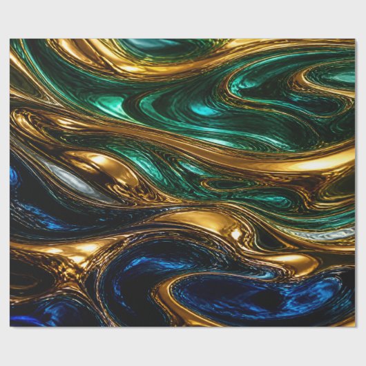 Gold Emerald Sapphire Fluid Art ラッピングペーパー (フラット)