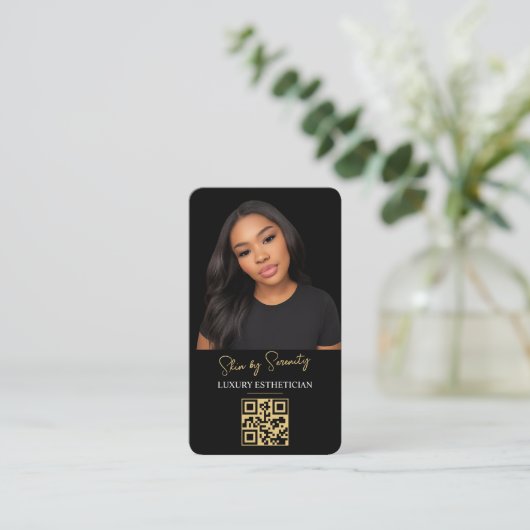 Gold Esthetician QR Code Luxury Black Beauty 名刺 (スタンド正面)
