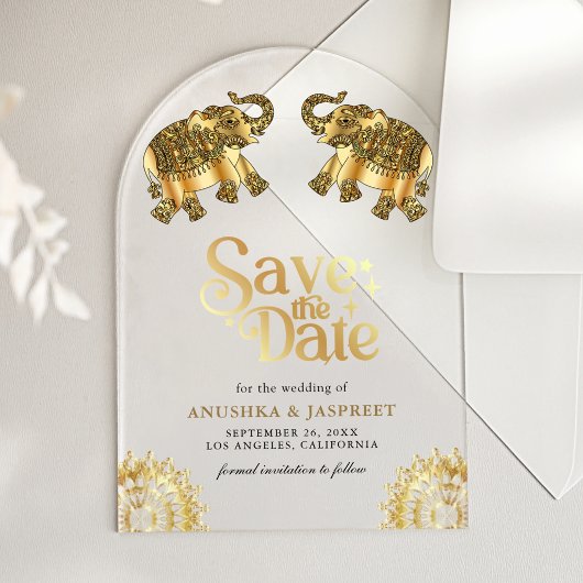 Gold Ethnic Elephants Indian Wedding Save the Date アクリル招待状