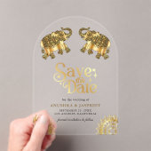 Gold Ethnic Elephants Indian Wedding Save the Date アクリル招待状 (インサイチュ (ポータブル))