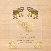 Gold Ethnic Elephants Indian Wedding Save the Date アクリル招待状 (正面)