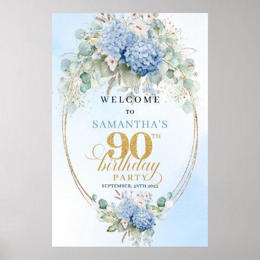 Gold Eucalyptus Hydrangeas 90th birthday welcome ポスター (正面)