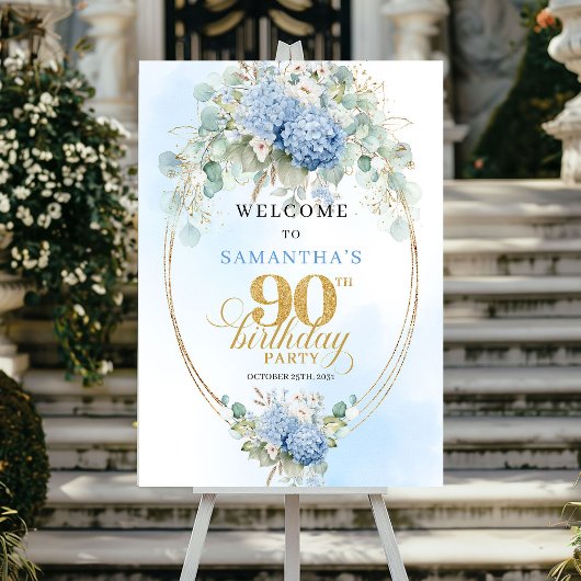 Gold Eucalyptus Hydrangeas 90th birthday welcome ポスター