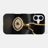 Gold Evil Eye Necklace on Black Silk Fabric iPhone 16ケース (裏面横)