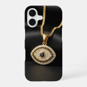 Gold Evil Eye Necklace on Black Silk Fabric iPhone 16ケース (裏面)