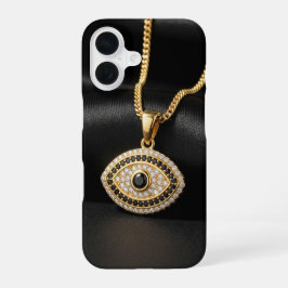 Gold Evil Eye Necklace on Black Silk Fabric iPhone 16ケース