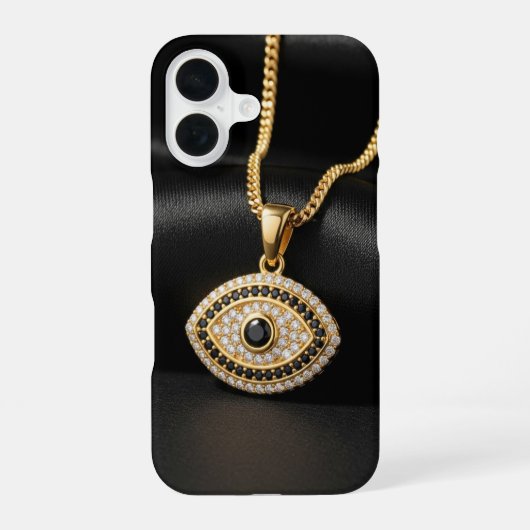 Gold Evil Eye Necklace on Black Silk Fabric iPhone 16ケース (裏面)