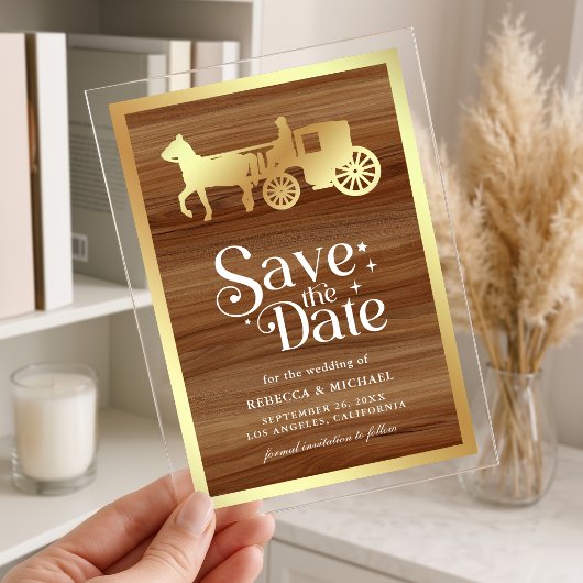 Gold Fairytale Carriage Wedding Save the Date アクリル招待状