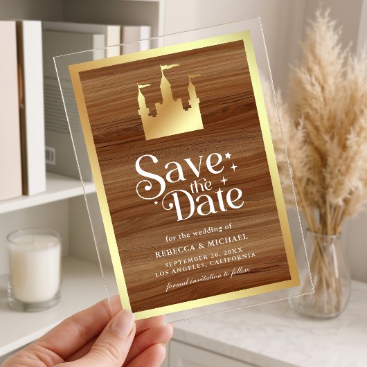 Gold Fairytale Castle Wedding Save the Date アクリル招待状