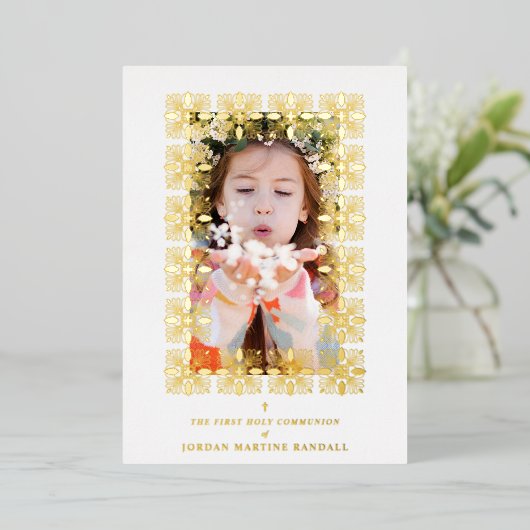 Gold Fancy Ornament Lace Effect Modern Photo 箔招待状 (立ち正面)