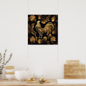 Gold Farmhouse rooster on black.  ポスター (キッチン)