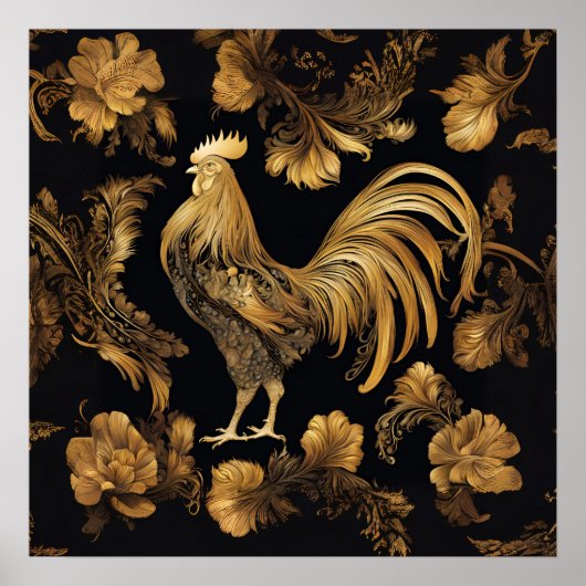Gold Farmhouse rooster on black.  ポスター (正面)