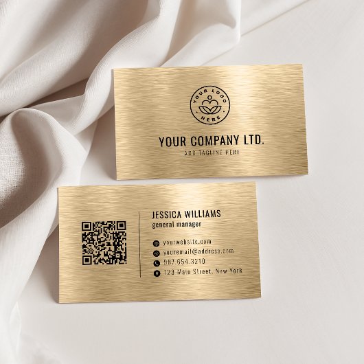 Gold Faux Brushed Metal Professional QR Code 名刺