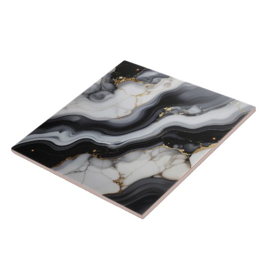 Gold Faux Glitter Veined B&W Marble ID1180a タイル (側面)