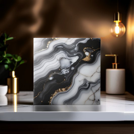 Gold Faux Glitter Veined B&W Marble ID1180b タイル