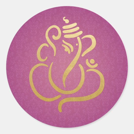 Gold Festive Ganesh | Indian God Damask Purple ラウンドシール (正面)