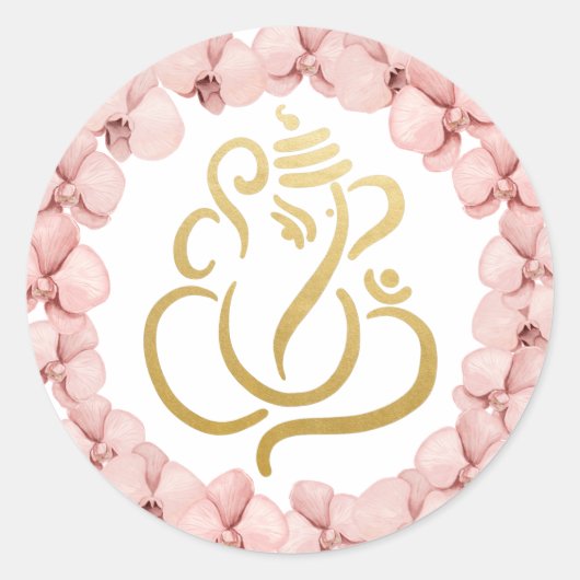 Gold Festive Ganesh | Indian God Pink Orchids ラウンドシール (正面)