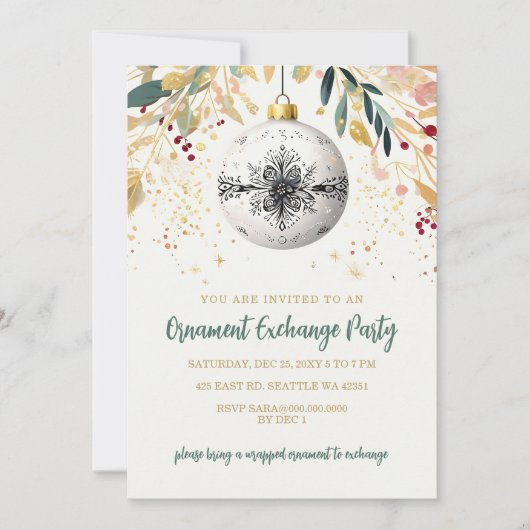 Gold Festive Ornament Exchange Christmas Party 招待状 (正面)