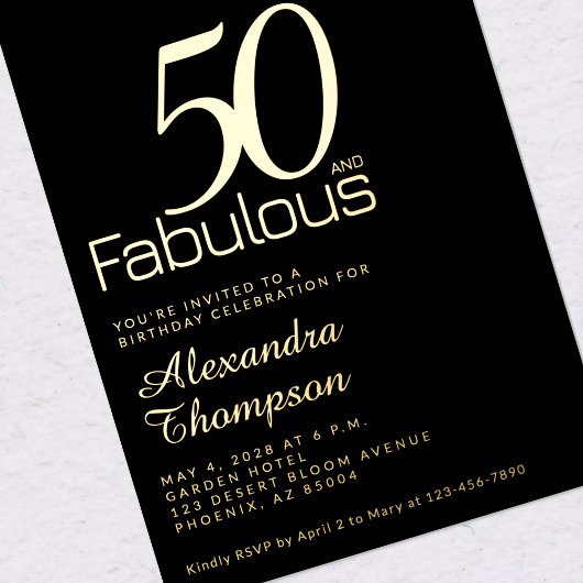 Gold Fifty and Fabulous 50th Birthday Party 箔招待状