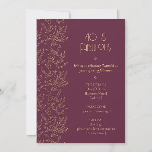 Gold Filigree Art Deco | Fairy Wren 40th Birthday 招待状 (正面)